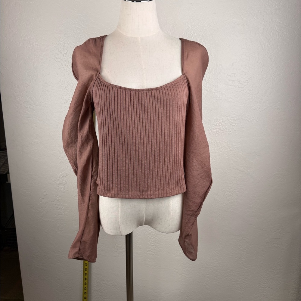 ZARA Ribbed Mixed Media Puff Sleeve Top in Mauve Brown - XL (L)